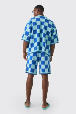 Oversized Boxy Open Stitch Checked Shirt & Short Set With Metal Tab | BoohooMAN UK