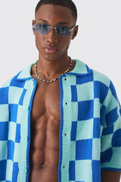 Oversized Boxy Open Stitch Checked Shirt & Short Set With Metal Tab | BoohooMAN UK