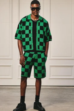 Oversized Boxy Open Stitch Checked Shirt & Short Set With Metal Tab | BoohooMAN UK