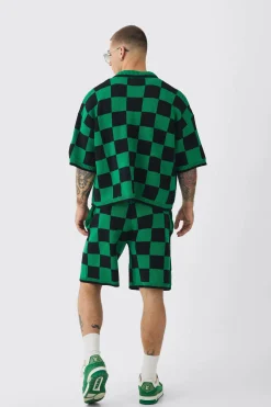 Oversized Boxy Open Stitch Checked Shirt & Short Set With Metal Tab | BoohooMAN UK