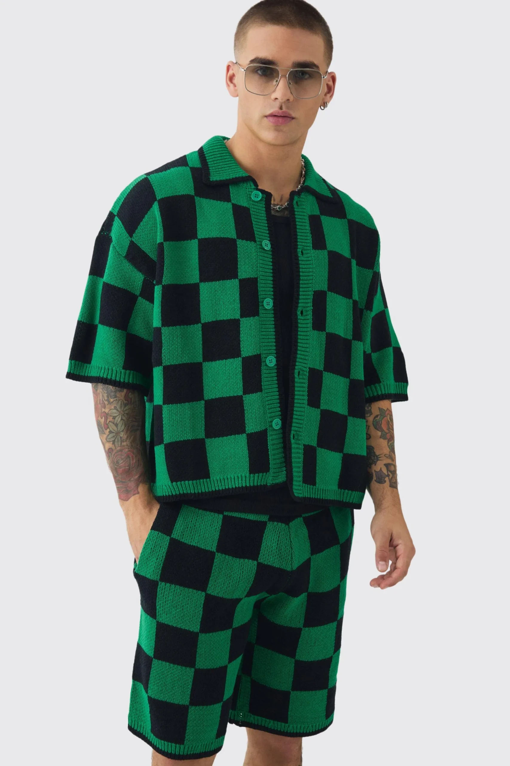 Oversized Boxy Open Stitch Checked Shirt & Short Set With Metal Tab | BoohooMAN UK