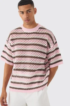 Oversized Boxy Open Stitch Horizontal Stripe Knit T-shirt | BoohooMAN UK