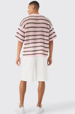 Oversized Boxy Open Stitch Horizontal Stripe Knit T-shirt | BoohooMAN UK