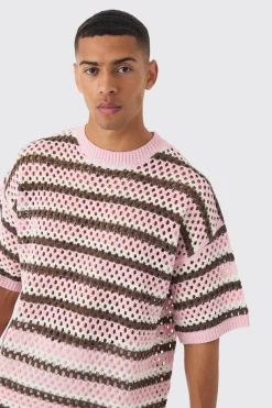 Oversized Boxy Open Stitch Horizontal Stripe Knit T-shirt | BoohooMAN UK