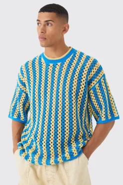 Oversized Boxy Open Stitch Stripe Knit T-shirt | BoohooMAN UK