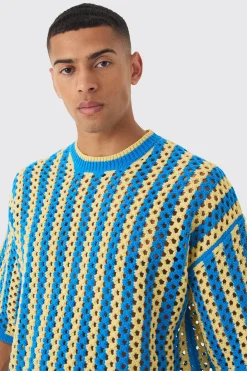 Oversized Boxy Open Stitch Stripe Knit T-shirt | BoohooMAN UK