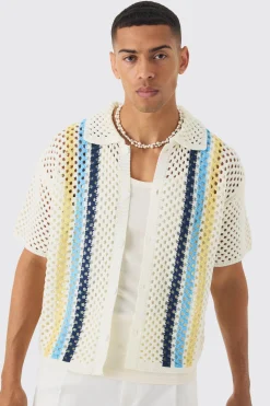 Oversized Boxy Open Stitch Placement Stripe Knit Shirt | BoohooMAN UK