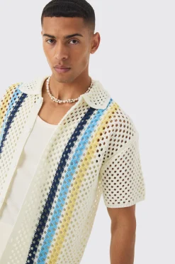 Oversized Boxy Open Stitch Placement Stripe Knit Shirt | BoohooMAN UK