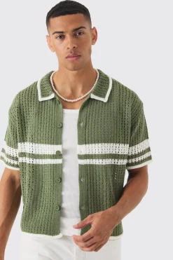 Oversized Boxy Open Stitch Colour Block Knit Shirt | BoohooMAN UK