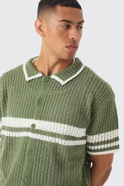 Oversized Boxy Open Stitch Colour Block Knit Shirt | BoohooMAN UK