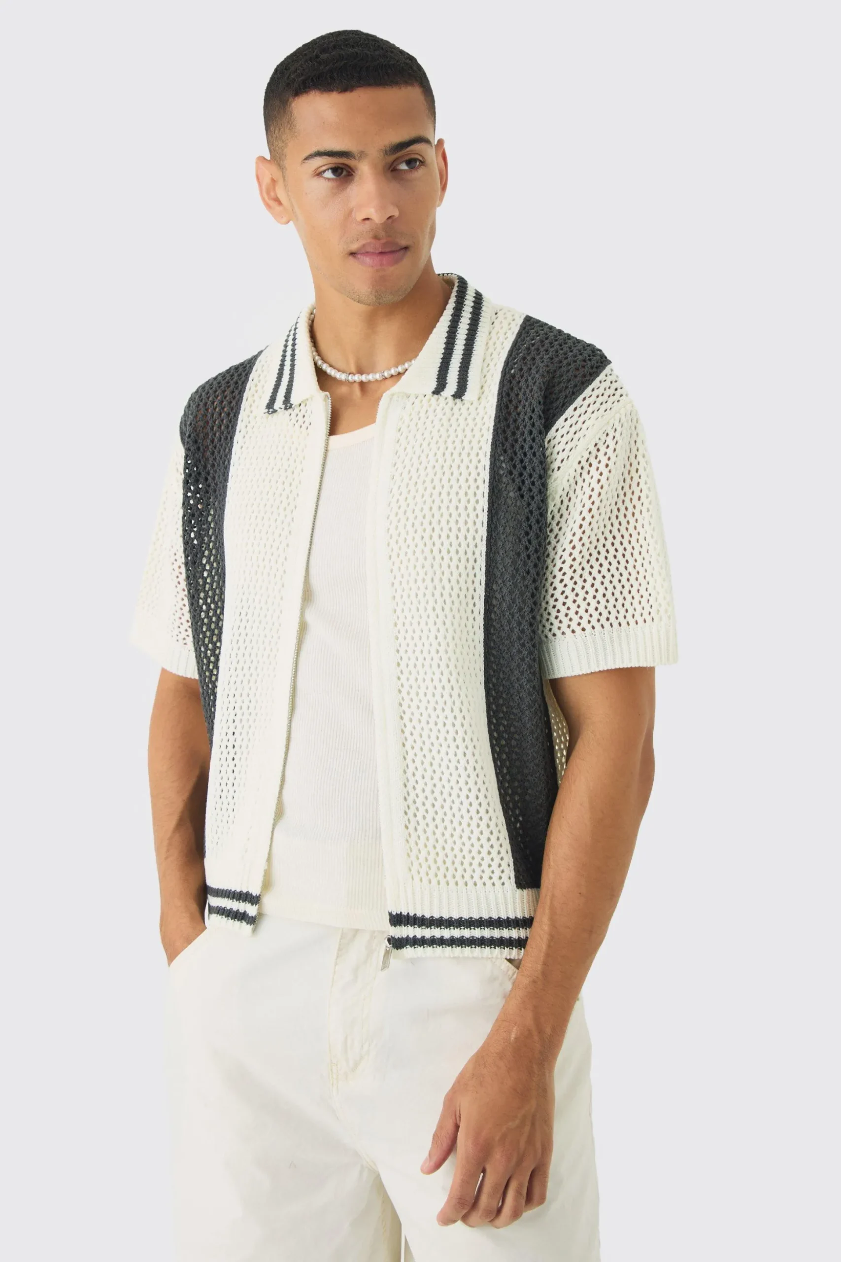 Oversized Boxy Open Stitch Zip Through Knitted Shirt | BoohooMAN UK