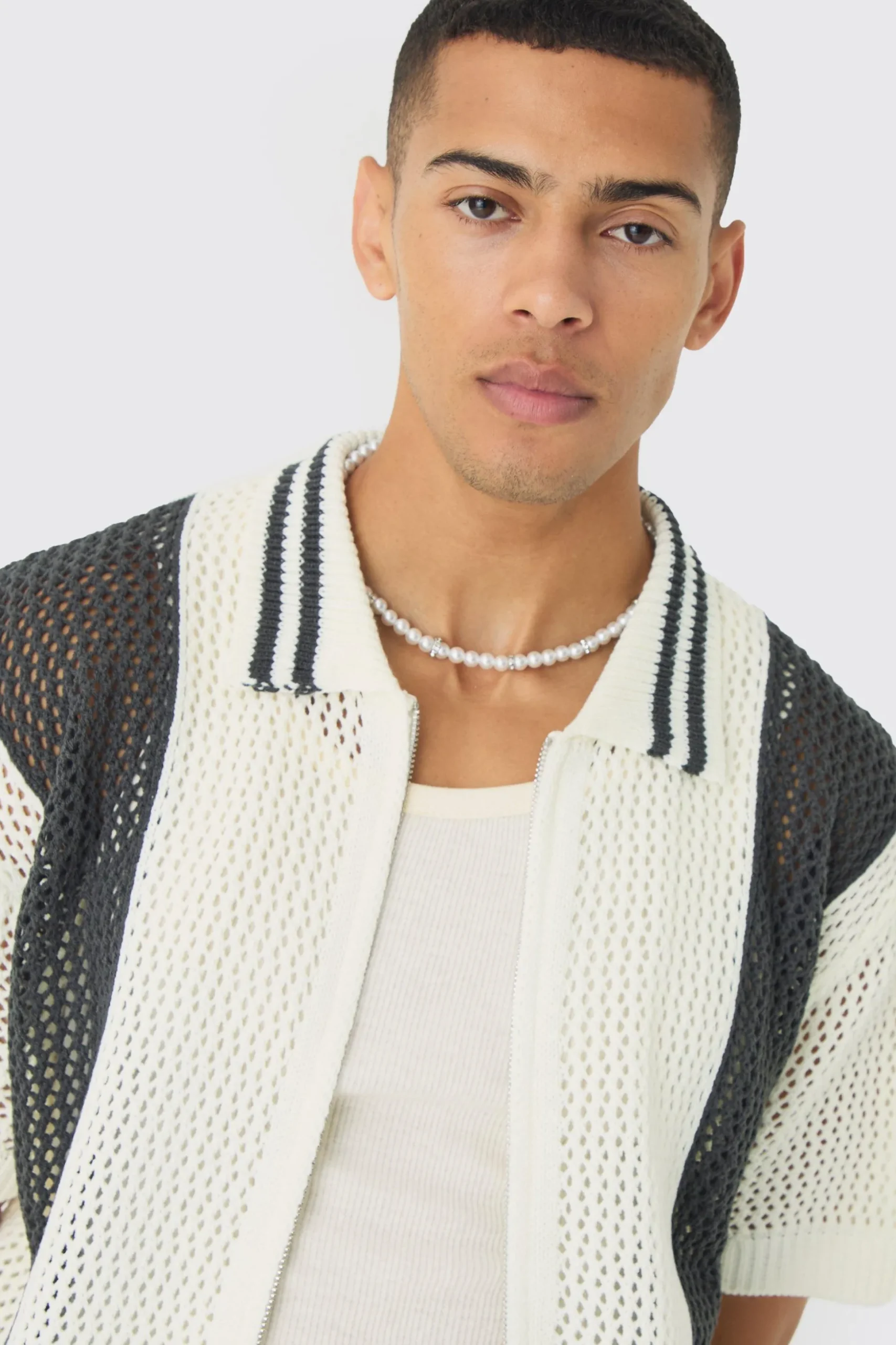 Oversized Boxy Open Stitch Zip Through Knitted Shirt | BoohooMAN UK
