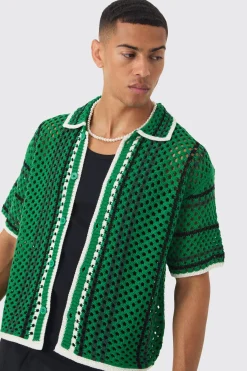 Oversized Boxy Open Stitch Stripe Knit Shirt | BoohooMAN UK