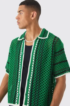 Oversized Boxy Open Stitch Stripe Knit Shirt | BoohooMAN UK