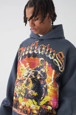 Oversized Boxy Outlaws Large Scale Graphic Hoodie | BoohooMAN UK