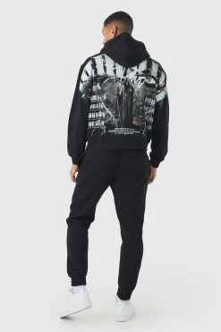 Oversized Boxy Over The Seams Gothic Back Graphic Tracksuit | BoohooMAN UK