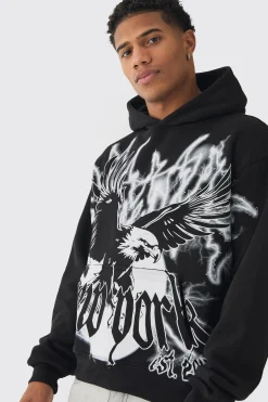 Oversized Boxy Over The Seams Eagle Graphic Hoodie | BoohooMAN UK