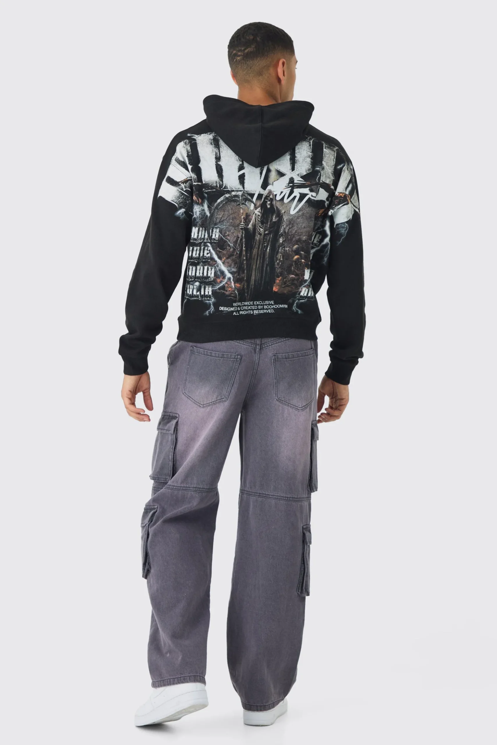 Oversized Boxy Over The Seams Gothic Back Graphic Hoodie | BoohooMAN UK