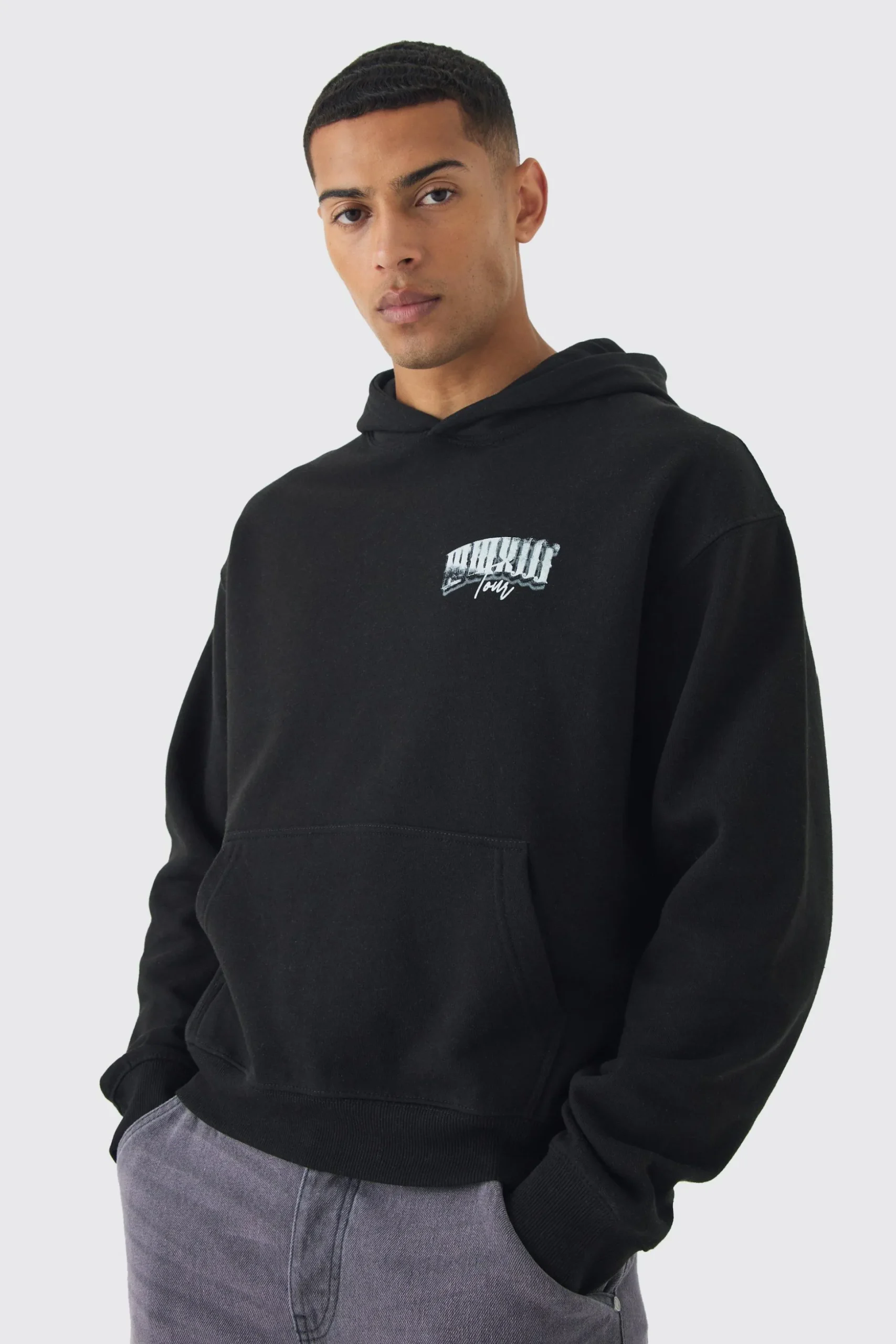 Oversized Boxy Over The Seams Gothic Back Graphic Hoodie | BoohooMAN UK
