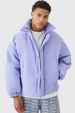 Oversized Boxy Padded Funnel Neck Coat In Lilac | BoohooMAN UK
