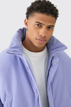Oversized Boxy Padded Funnel Neck Coat In Lilac | BoohooMAN UK