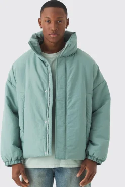 Oversized Boxy Padded Funnel Neck Coat In Sage | BoohooMAN UK