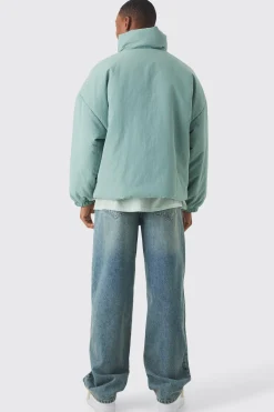 Oversized Boxy Padded Funnel Neck Coat In Sage | BoohooMAN UK