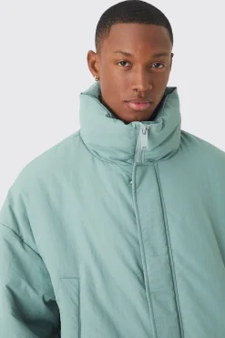 Oversized Boxy Padded Funnel Neck Coat In Sage | BoohooMAN UK