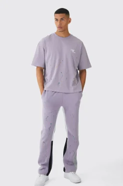 Oversized Boxy Paint Splatter T-shirt And Gusset Jogger Set | BoohooMAN UK