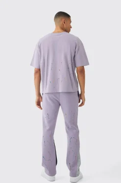 Oversized Boxy Paint Splatter T-shirt And Gusset Jogger Set | BoohooMAN UK