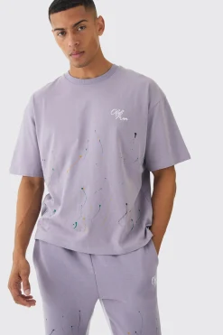 Oversized Boxy Paint Splatter T-shirt And Gusset Jogger Set | BoohooMAN UK