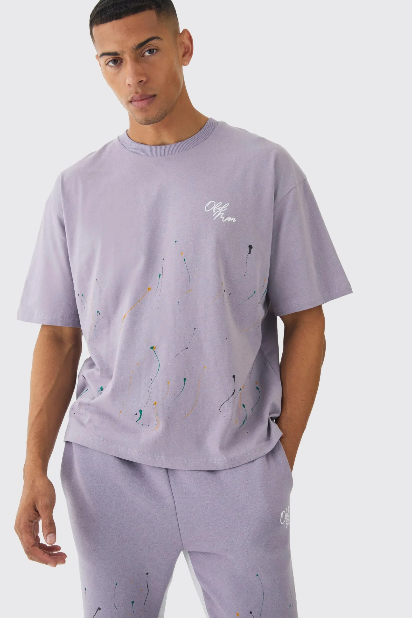 Oversized Boxy Paint Splatter T-shirt And Gusset Jogger Set | BoohooMAN UK