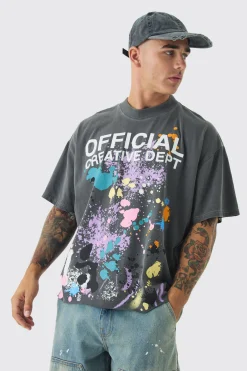 Oversized Boxy Paint Splatter Washed T-Shirt | BoohooMAN UK