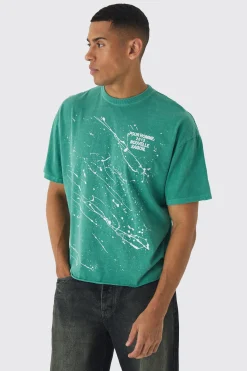 Oversized Boxy Paint Splatter Washed T-Shirt | BoohooMAN UK