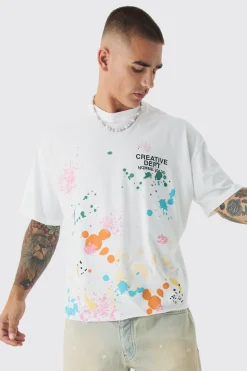 Oversized Boxy Paint Splatter Washed T-Shirt | BoohooMAN UK