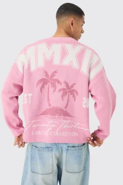 Oversized Boxy Palm Graphic Cardigan In Pink | BoohooMAN UK