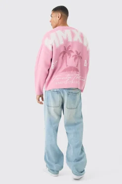 Oversized Boxy Palm Graphic Cardigan In Pink | BoohooMAN UK
