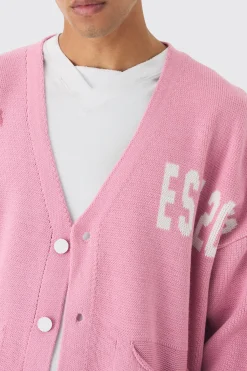 Oversized Boxy Palm Graphic Cardigan In Pink | BoohooMAN UK