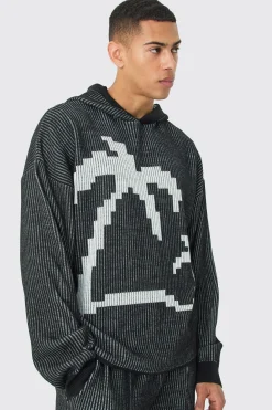 Oversized Boxy Palm Ribbed Knitted Hoodie | BoohooMAN UK
