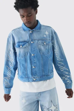 Oversized Boxy Pride Printed Denim Jacket | BoohooMAN UK