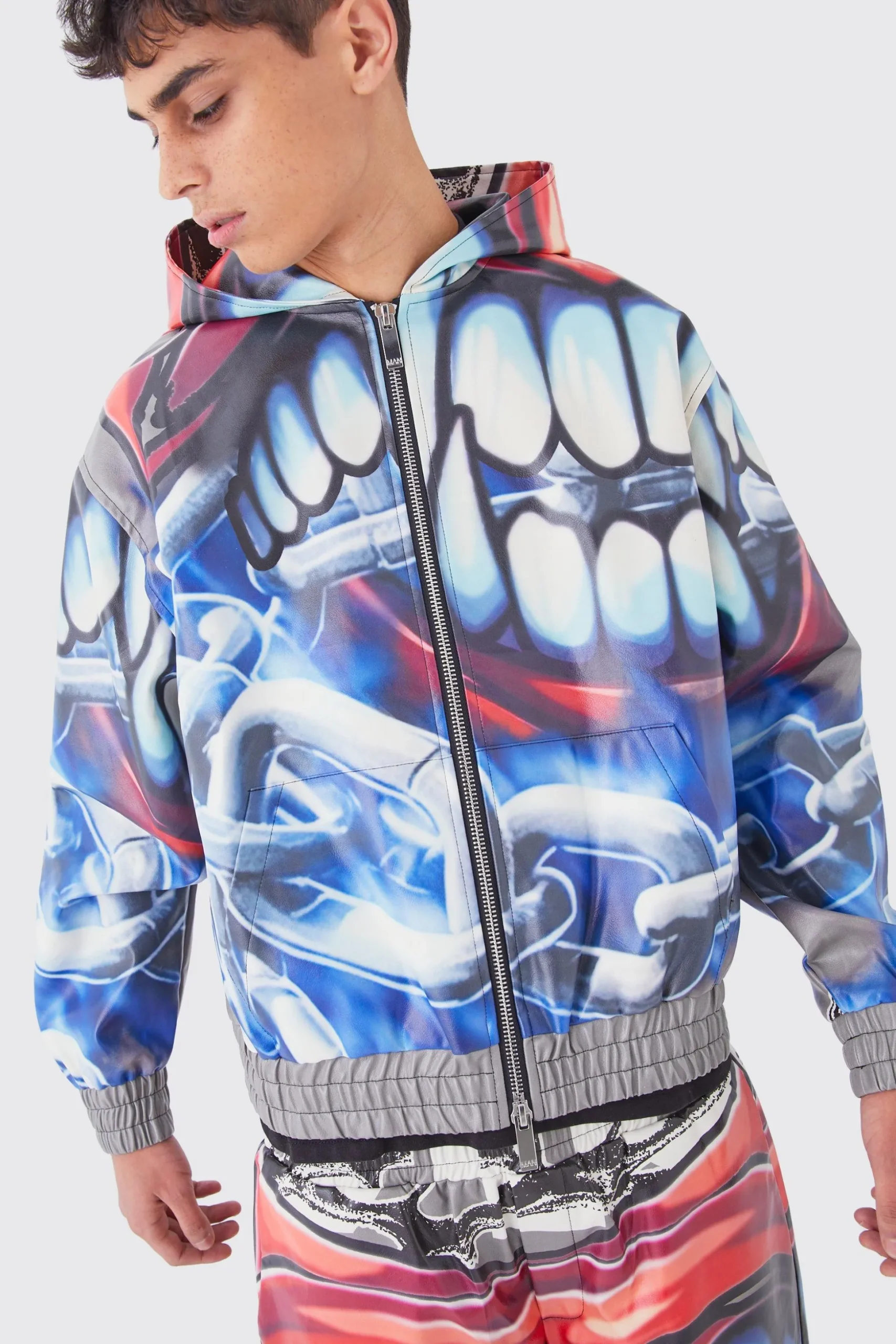 Oversized Boxy Printed Pu Hoodie | BoohooMAN UK