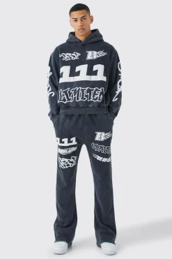 Oversized Boxy Puff Print Wash Hooded Tracksuit | BoohooMAN UK