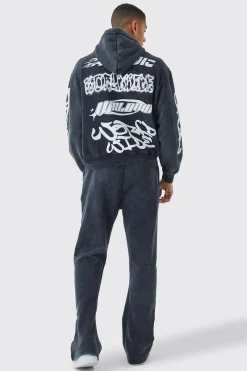 Oversized Boxy Puff Print Wash Hooded Tracksuit | BoohooMAN UK