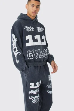 Oversized Boxy Puff Print Wash Hooded Tracksuit | BoohooMAN UK