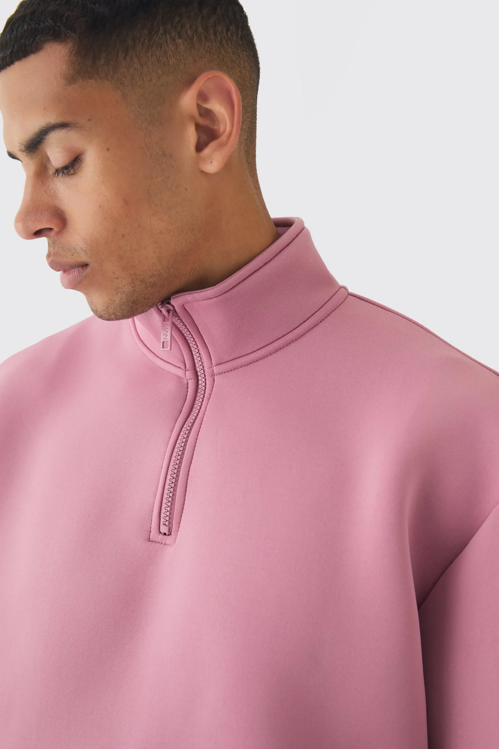 Oversized Boxy Quarter Zip Bonded Scuba Sweatshirt | BoohooMAN UK