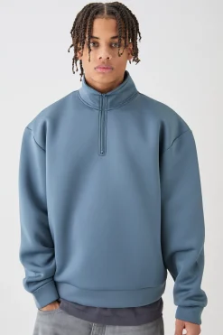 Oversized Boxy Quarter Zip Bonded Scuba Sweater | BoohooMAN UK