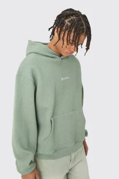 Oversized Boxy Quilted Embroided Hoodie | BoohooMAN UK