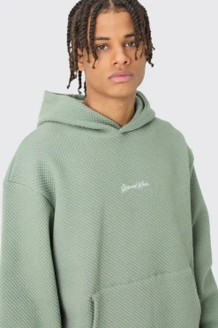 Oversized Boxy Quilted Embroided Hoodie | BoohooMAN UK