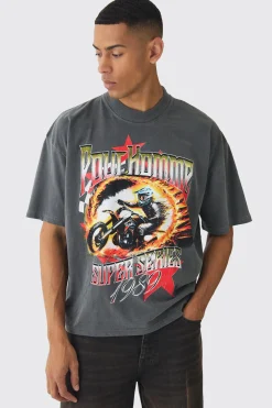 Oversized Boxy Racing Graphic Spray Washed T-Shirt | BoohooMAN UK