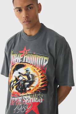 Oversized Boxy Racing Graphic Spray Washed T-Shirt | BoohooMAN UK